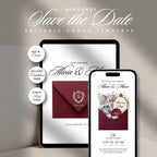 Burgundy Save the Date Website Template, Luxury Canva Wedding Announcement