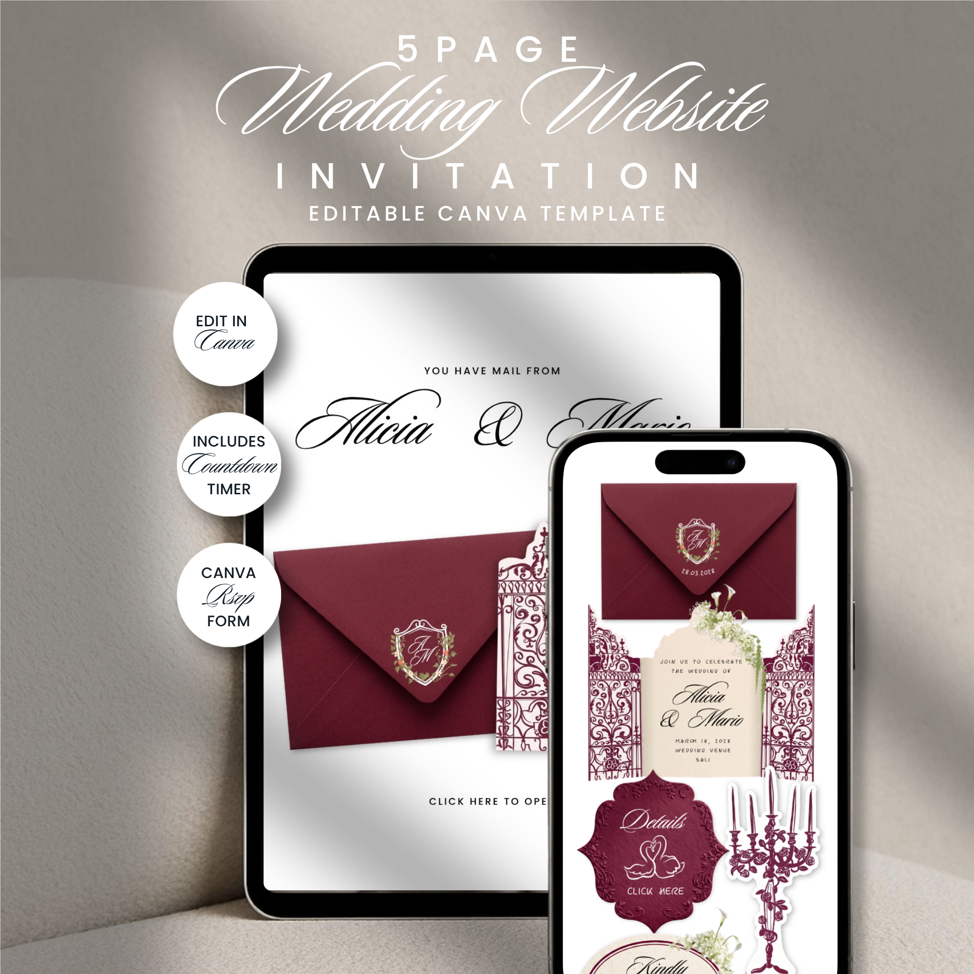 Burgundy Lush Wedding Website Template, Editable Canva Invitation
