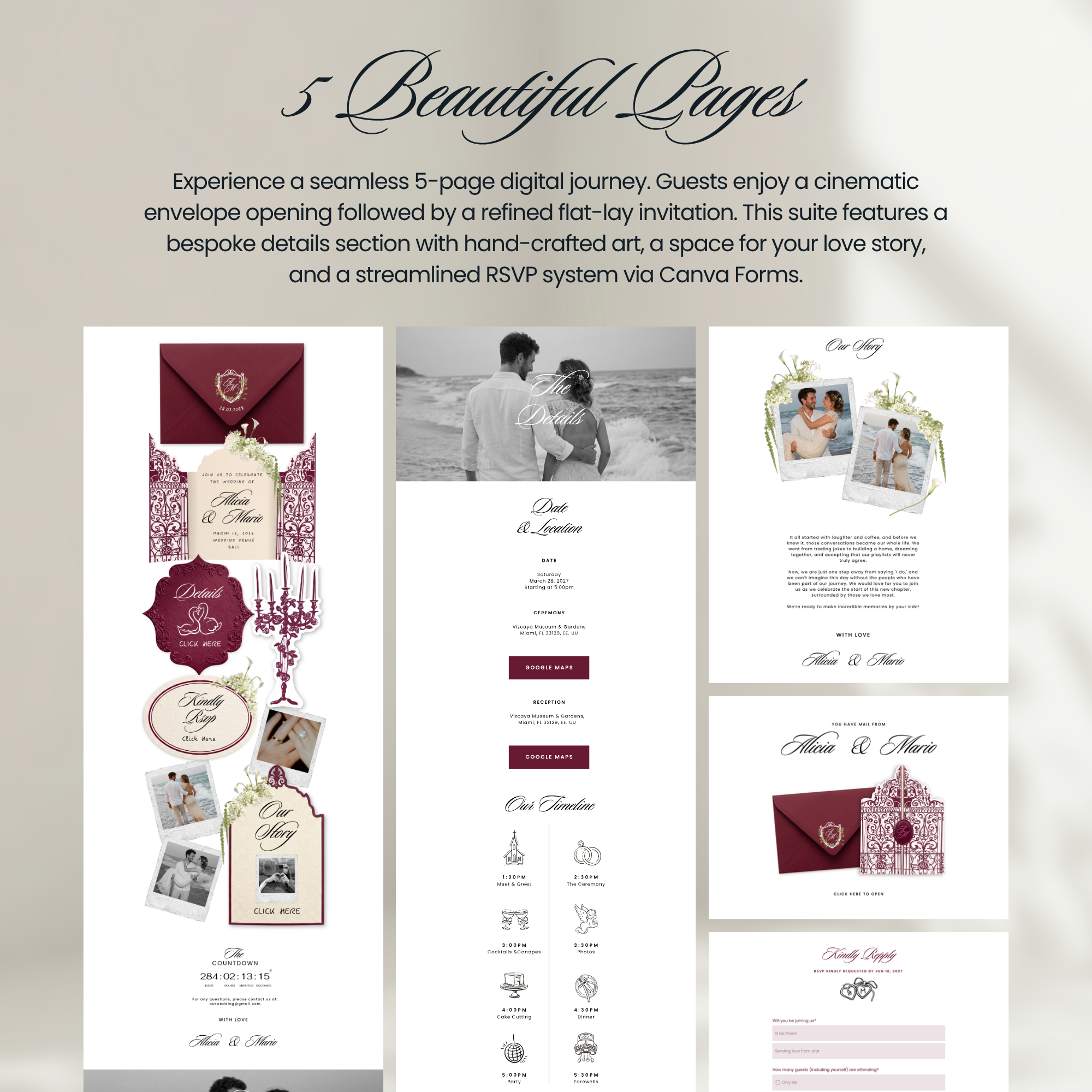 Burgundy Lush Wedding Website Template, Editable Canva Invitation