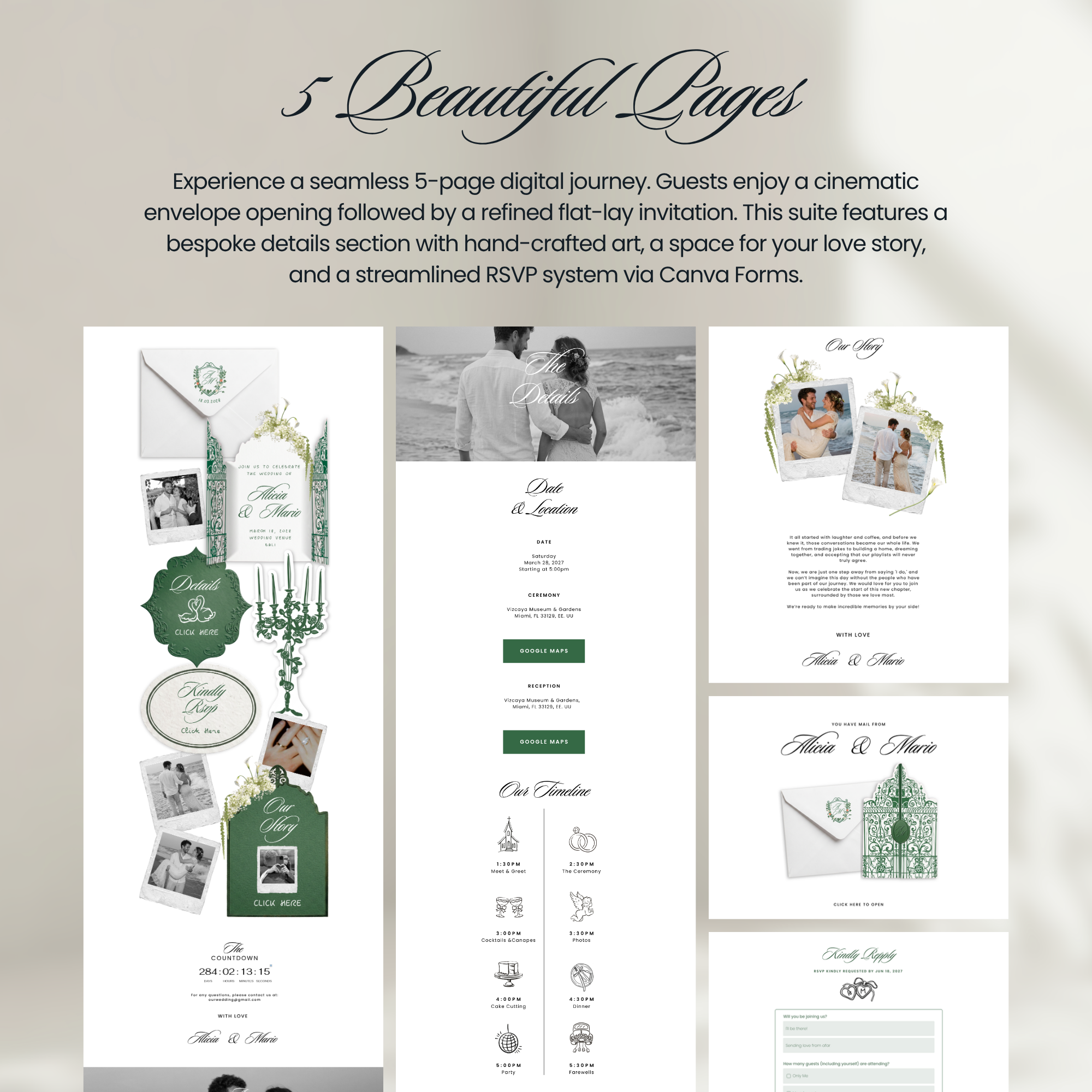 Emerald Wedding Website Template, Canva Editable Invitation