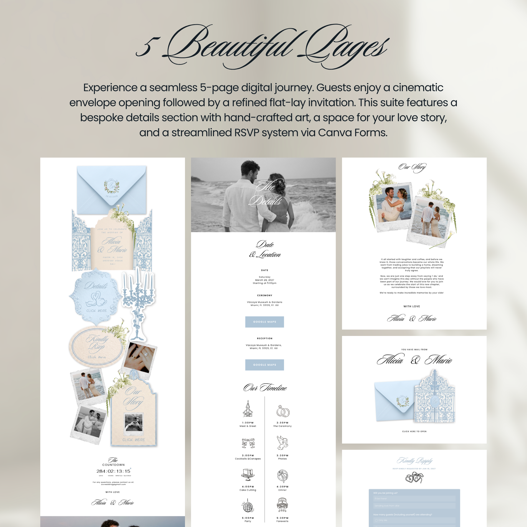 Azure Wedding Website Template 5 Page Canva Invitation
