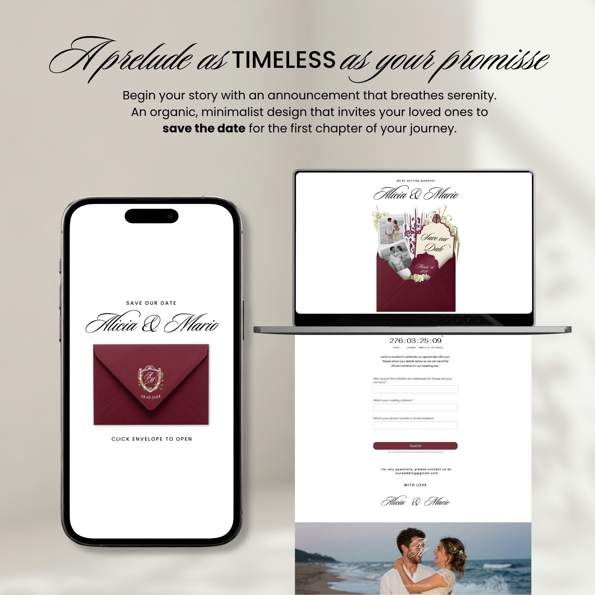 Burgundy Save the Date Website Template, Luxury Canva Wedding Announcement