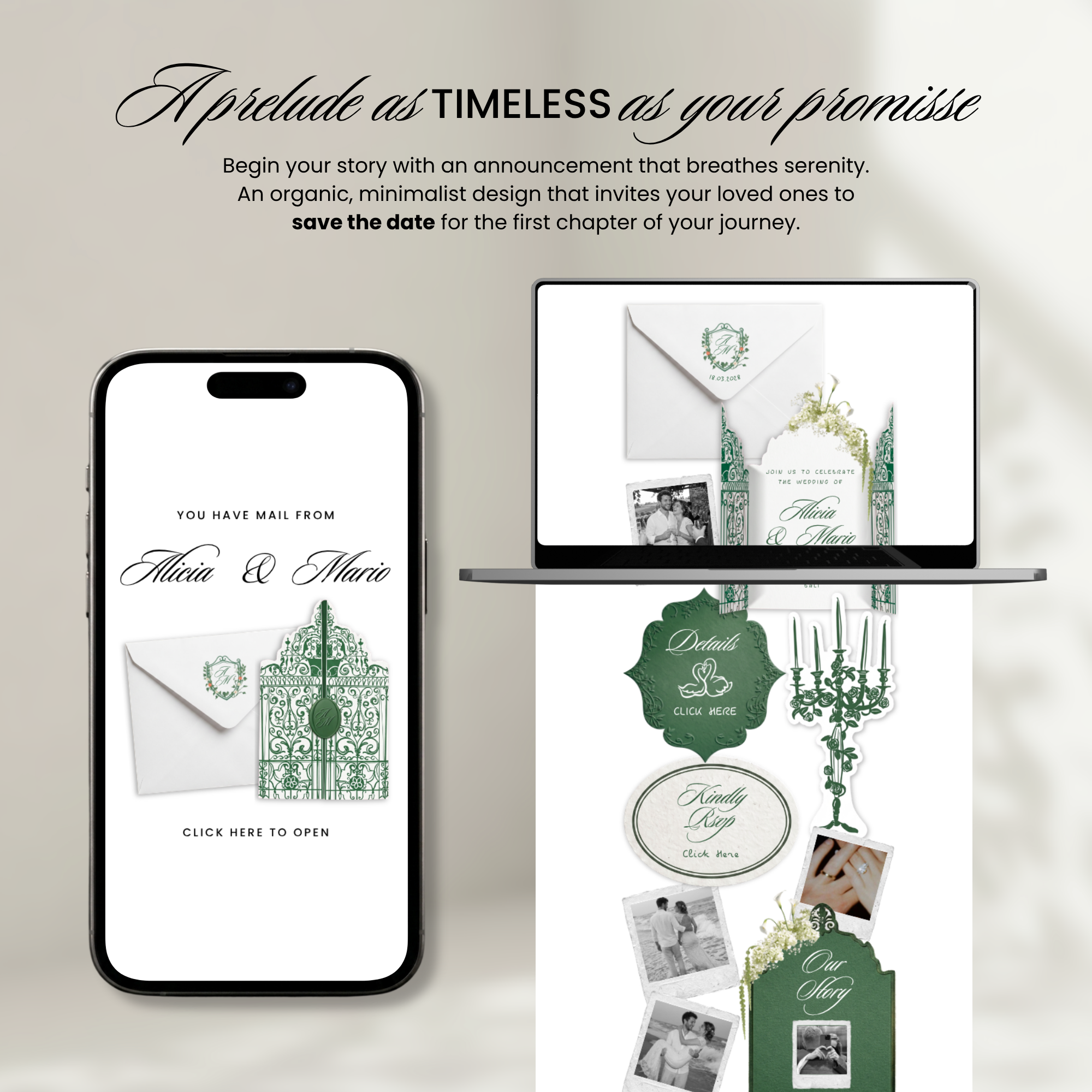 Emerald Wedding Website Template, Canva Editable Invitation