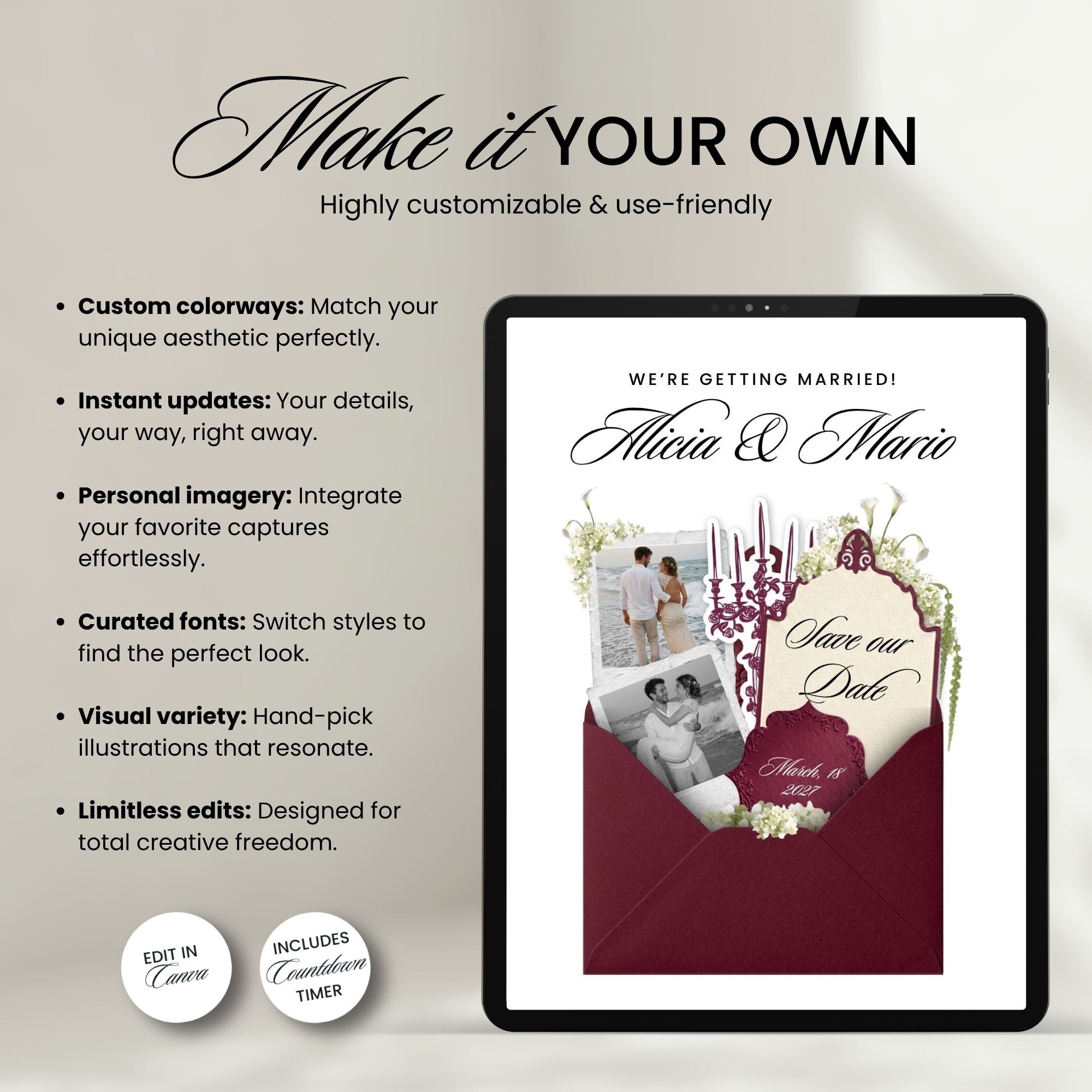 Burgundy Save the Date Website Template, Luxury Canva Wedding Announcement