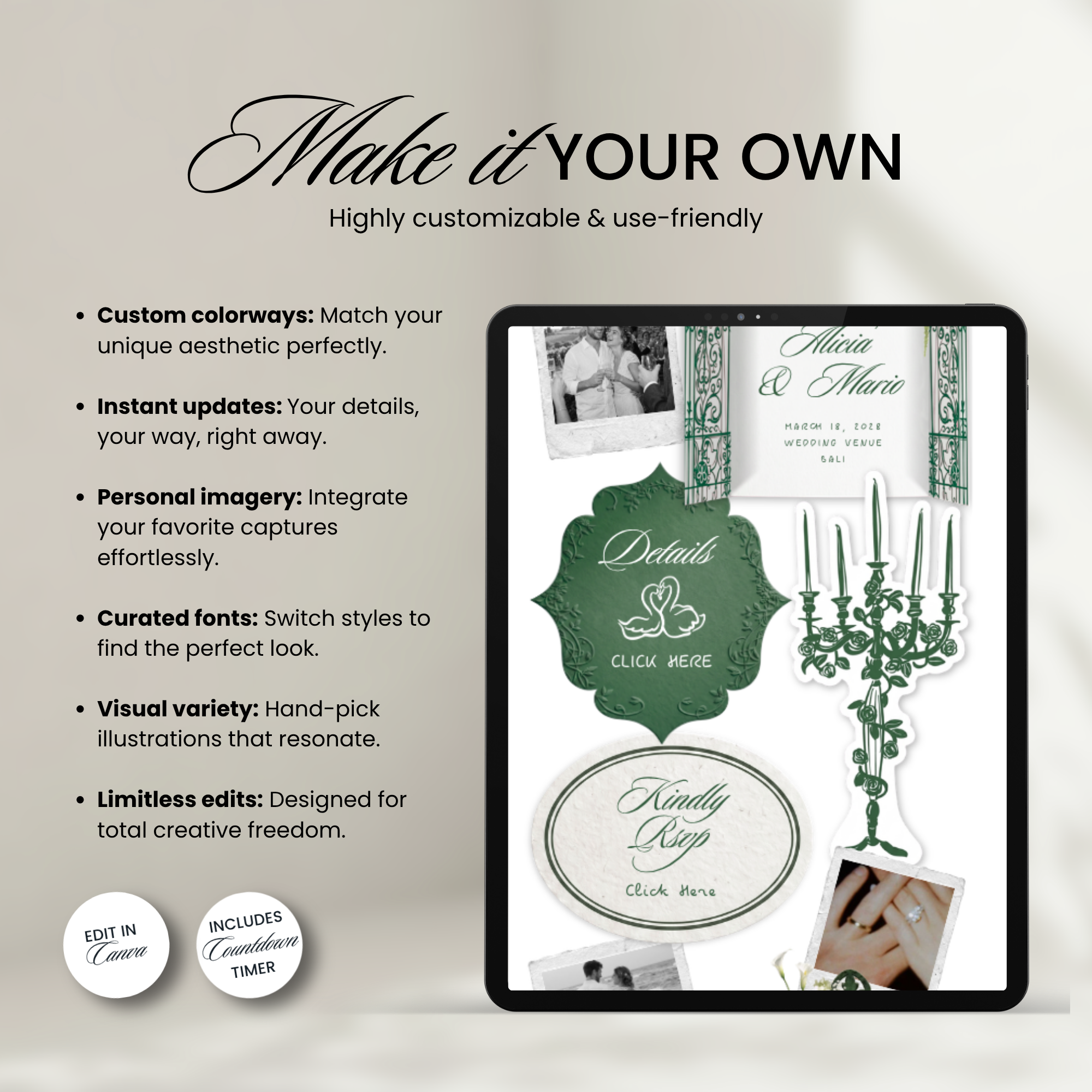 Emerald Wedding Website Template, Canva Editable Invitation