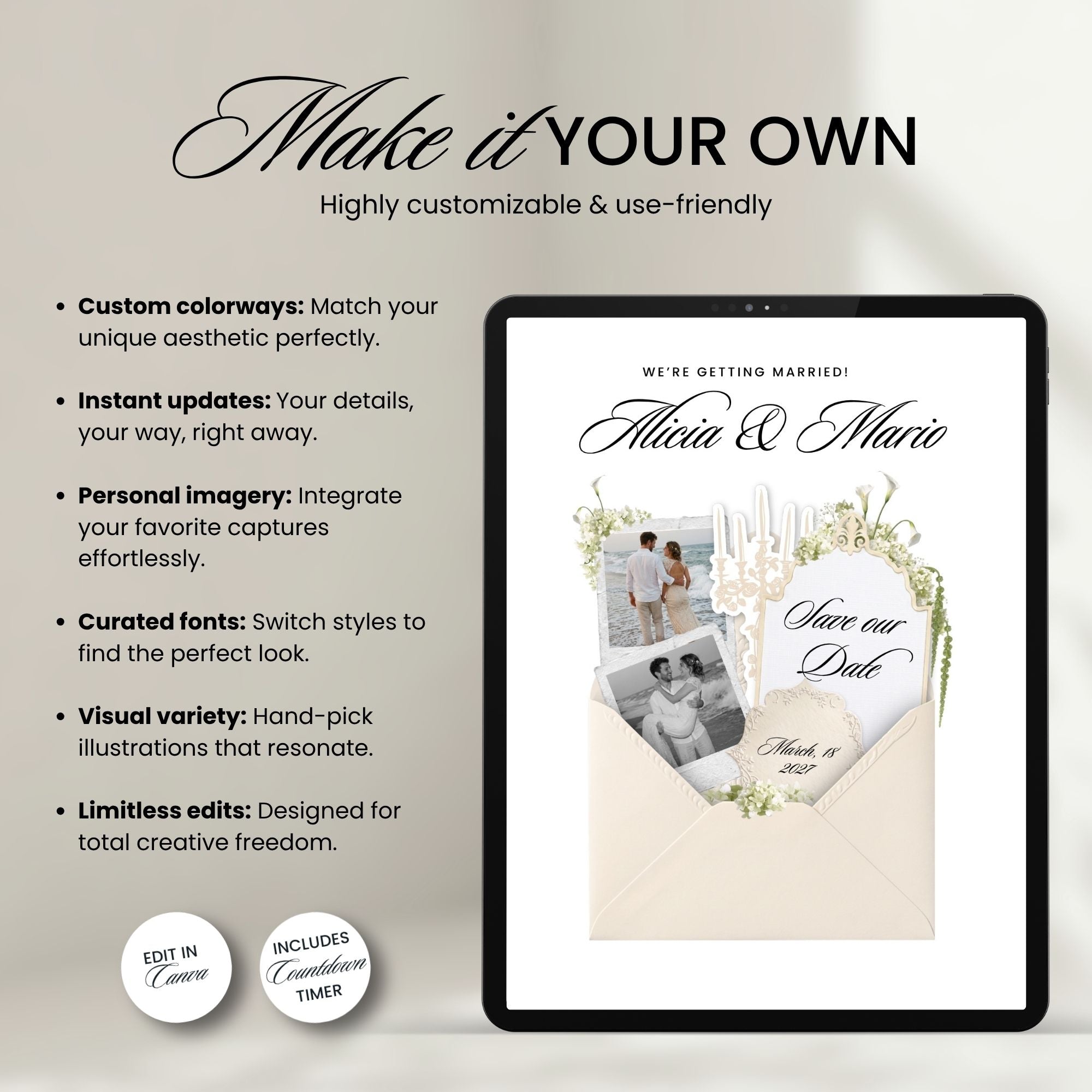 Ivory Save the Date Template, Animated Countdown, RSVP Form
